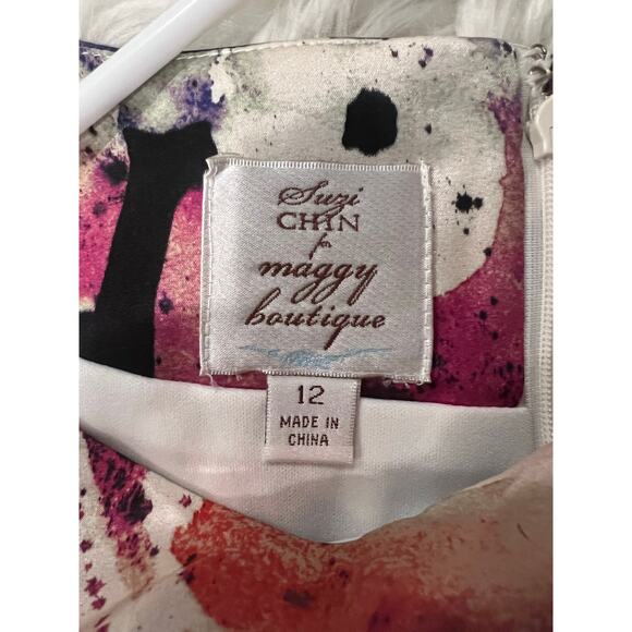 Suzi Chin Maggie Boutique Sheath Midi Dress SILK Floral Watercolor Sleeveless 12 - Picture 5 of 8
